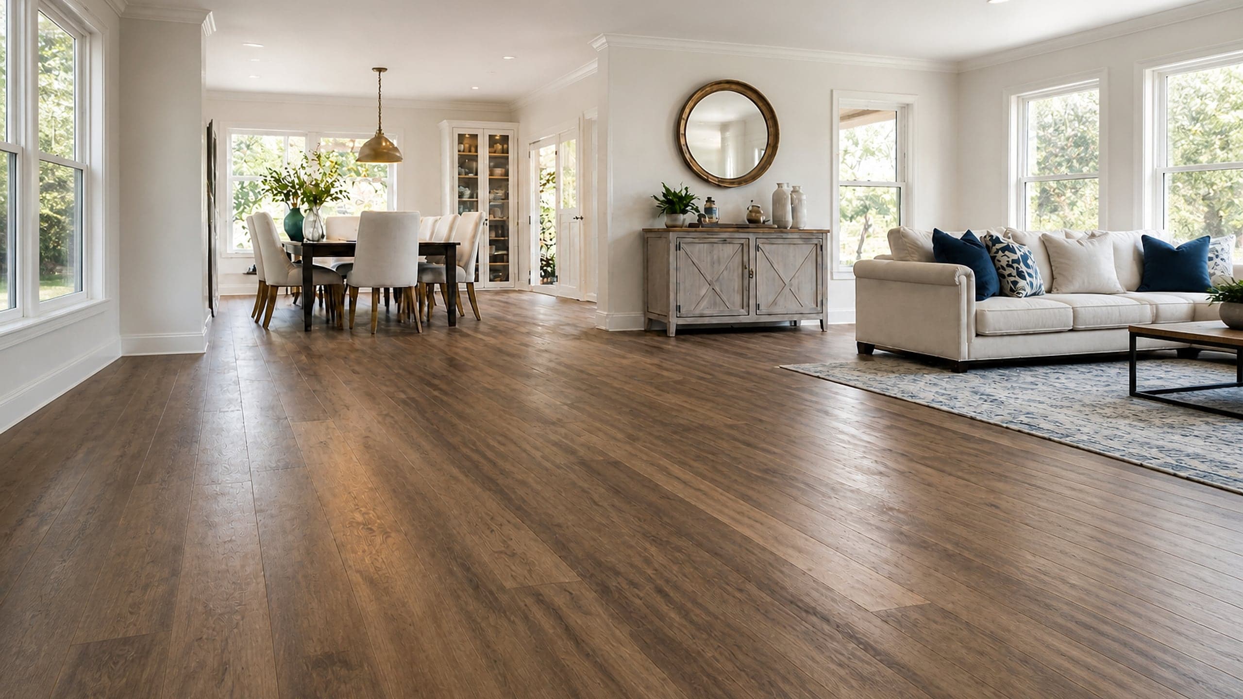 Open living and dining space with wide-plank hardwood floors from Sunrise Flooring