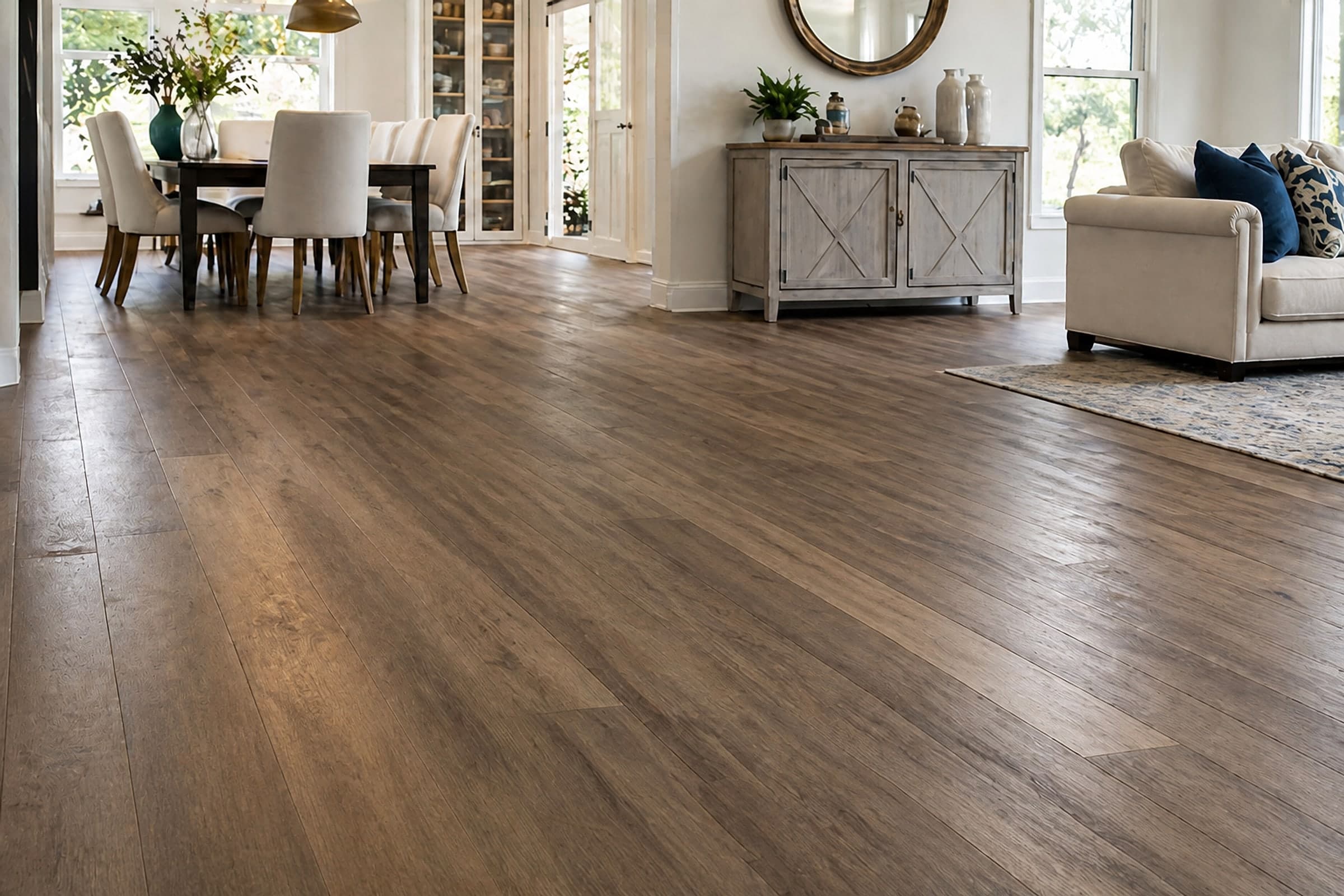 Open living and dining space with wide-plank hardwood floors from Sunrise Flooring